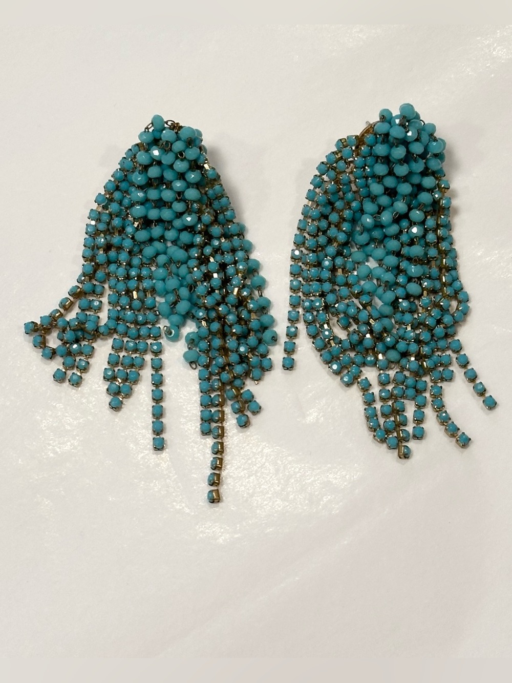 Turquoise Blue Beaded Rhinestone Fringe Statement Earrings